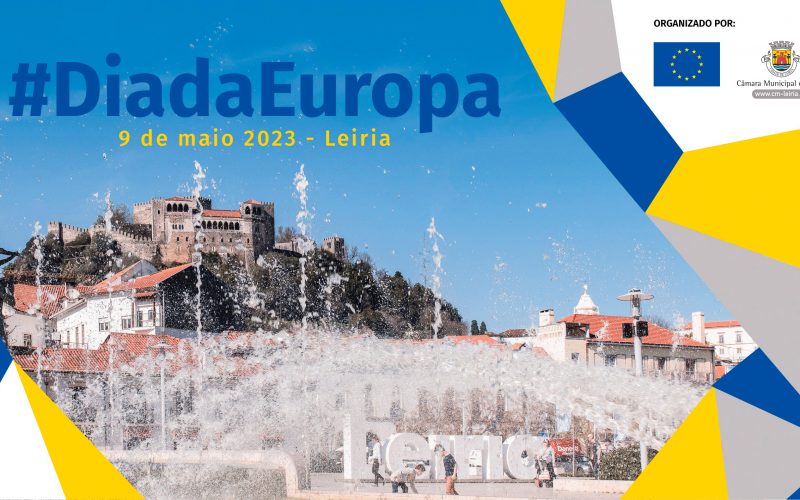 Imagem de campanha do Dia da Europa de 2023, em Leiria. Ao fundo o castelo de Leiria. No primeiro plano uma fonte.