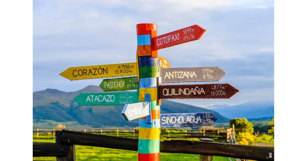 Poste colorido com indicações de várias localidades do Equador e respetivas distâncias.